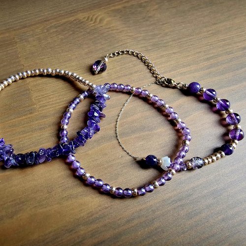 Lot 3 bracelets ajustables romantique bohème ancien chaîne dorée acier inoxydable perle pierre naturelle violette création