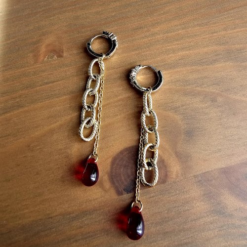 Boucle d'oreille pendante chic romantique bohème perle rouge forme goutte chaine inoxydable doré modèle création unique anneau strass