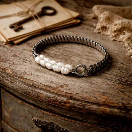 Bracelet élastique montre argenté création modèle unique perle blanche perle d'eau douce création original boho romantique style ancien