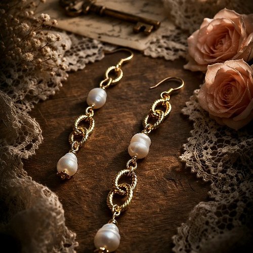 Boucle d'oreille pendante chic romantique bohème véritable perle d'eau douce chaine inoxydable doré création unique crochet d'oreille