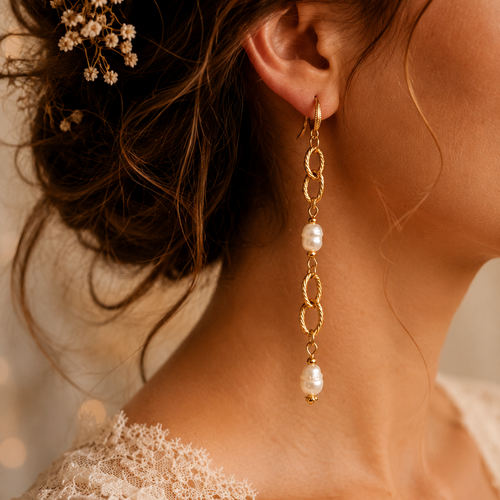 Boucle d'oreille pendante chic romantique bohème véritable perle d'eau douce chaine inoxydable doré création unique crochet d'oreille