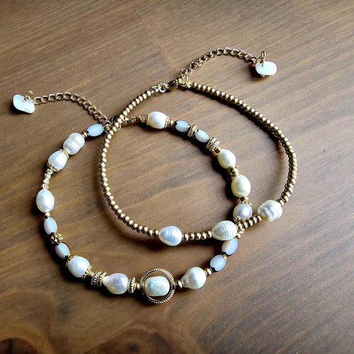Lot 2 bracelets bohèmes romantiques boho style ancien véritable perle d'eau douce blanche petite perle blanche dorée modèle unique
