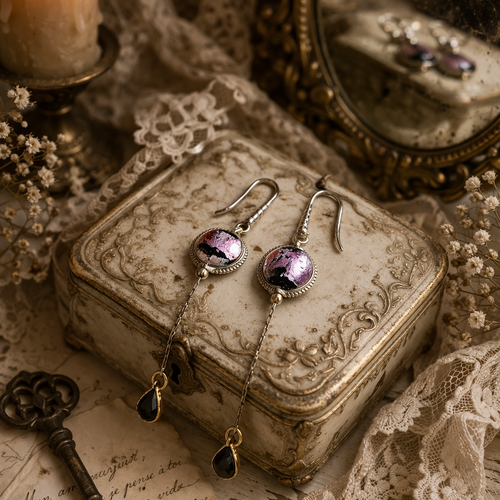 Boucle d'oreille pendante chic romantique bohème perle noire violette crochet breloque goutte chaine inoxydable dorée modèle unique