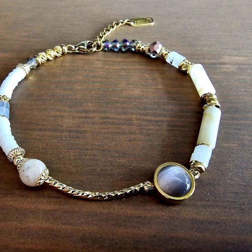 Bracelet ajustable romantique bohème boho véritable perle pierre blanche naturelle breloque chaine acier inoxydable création unique