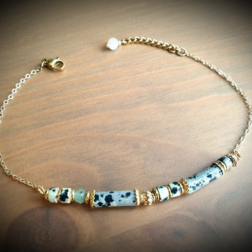 Bracelet bohème romantique boho véritable perle naturelle pierre tube poli grise marron tachetée noire chaine dorée acier inoxydable