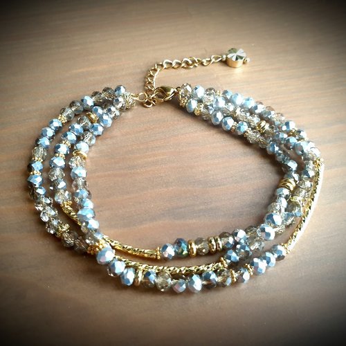 Bracelet perle irisée verre façonnée brillante cristal marron argenté multi rangée triple rang création original modèle unique