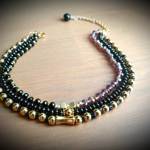 Bracelet perle 3 en 1 verre irisé façonné cristal brillant noir doré multi rangée triple rang création original modèle unique
