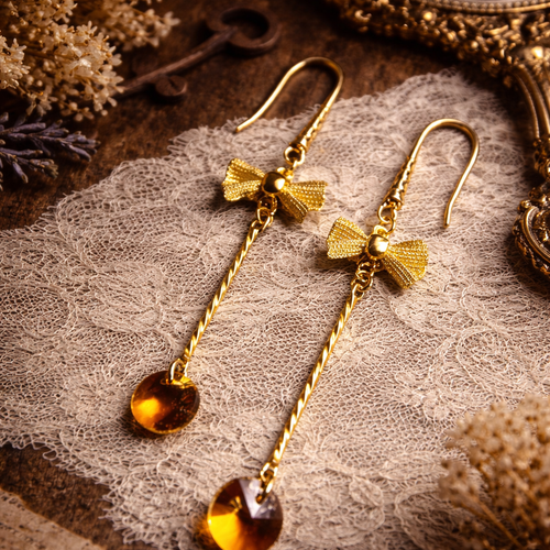 Boucle d'oreille pendante chic romantique bohème perle orange crochet breloque noeud tige chaine inoxydable dorée modèle création unique