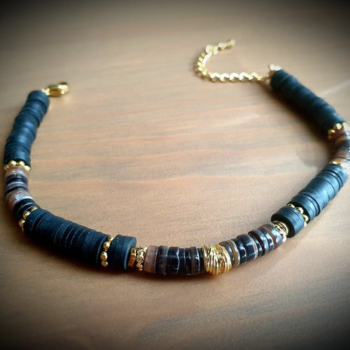 Bracelet mixte ajustable homme femme chaine breloque acier inoxydable bracelet surfeur perle argile polymère noire perle heishi marron