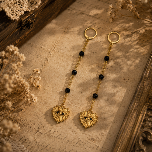 Boucle d'oreille pendante dormeuse lobe chic perle ronde noire breloque chaine charms oeil coeur inoxydable dorée modèle unique
