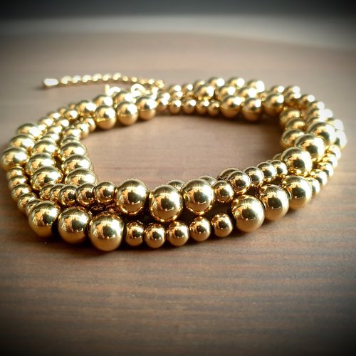 Collier bracelet ajustable long muti rang 3 rangées grande longueur lourde perle dorée inoxydable différente taille grande qualité chic