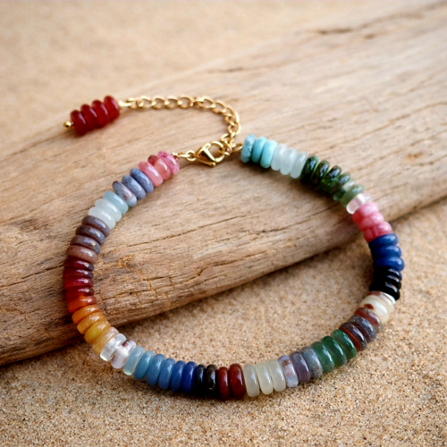 Bracelet mixte homme femme ajustable multicolor différente couleur perle pierre ronde plate heishi naturelle création unique surfeur boho