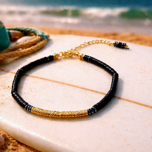 Bracelet noir mixte homme femme ajustable réglable perle ronde noire dorée artisanat création modèle unique breloque acier inoxydable