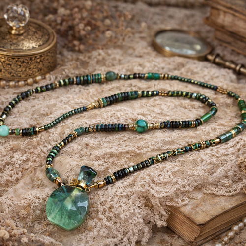 Collier fiole parfum pierre naturelle jade vert breloque doré perle romantique bohème assemblage artisanat fait main création unique