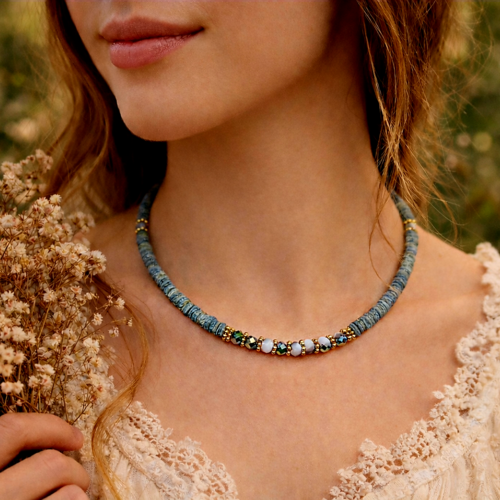 Collier mixte boho homme femme ras du cou ajustable perle bleue en coquillage perle irisée violette nuance breloque chaine acier inoxydable