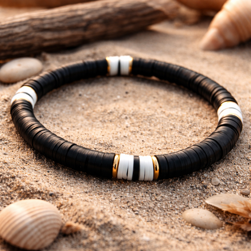 Bracelet mixte élastique homme femme garçon noir blanc perle plate argile polymère rondelle dorée acier inoxydable création unique