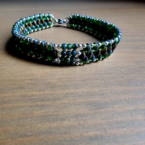 Bracelet manchette mixte ajustable perle rocaille tchèque double trou bleue verte picasso perle facette verte argentée création unique
