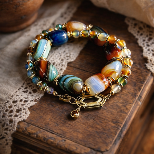 Bracelet ajustable femme double tour rangée rang grosse perle pierre naturelle d'agate à rayure de paon vert naturel forme tonneau