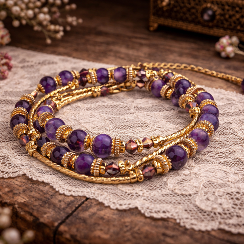 Bracelet ajustable triple tours rangées rangs breloque dorée acier inoxydable pierre perle violette améthyste perle losange tube
