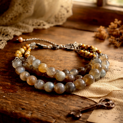 Bracelet ajustable réglable trois rangées rangs perle marron clair pierre de lune véritable petite perle jaspe marron création unique