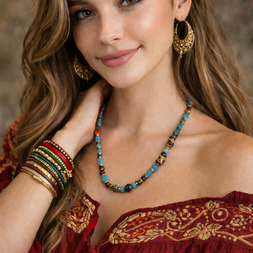 Collier bracelet ajustable élastique boho multi rang rangée mixte unisexe perle bleue tibétaine népalaise perle imitation bois