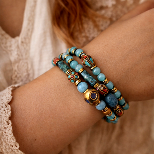 Collier bracelet ajustable élastique boho multi rang rangée mixte unisexe perle bleue tibétaine népalaise perle imitation bois