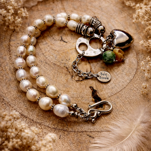 Bracelet ajustable femme double rangée rang véritable perle blanche naturelle d'eau douce romantique bohème breloque couleur argent