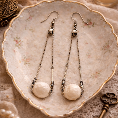 Boucle d'oreille femme pendante chic bohème romantique boho perle beige facette façonnée brillante chaine crochet inoxydable perle