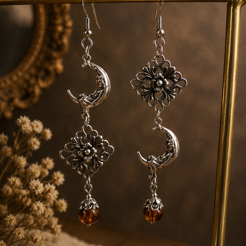 Boucle d'oreille femme pendante bohème romantique boho perle marron pampille breloque lune triangle couleur argent crochet acier inoxydable