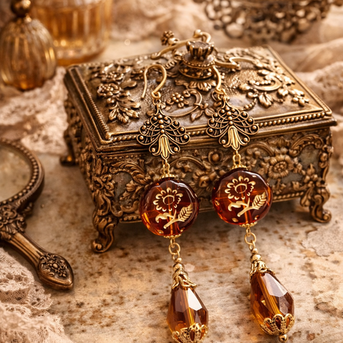 Boucle d'oreille pendante femme romantique bohème boho acier inoxydable printanière perle ronde marron fleurie perle forme goutte marron