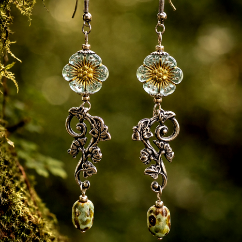 Boucle d'oreille pendante femme printanière perle fleur bleue claire breloque estampe filigree fleurie couleur argent argentée perle bleue