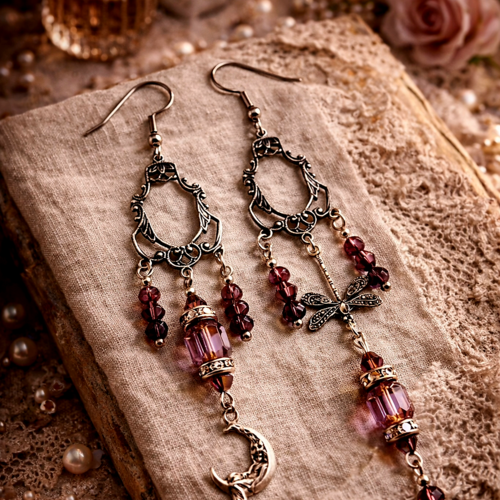 Boucle oreille femme asymétrique pendante originale perle verre violette breloque estampe filigree couleur argent breloque lune libellule