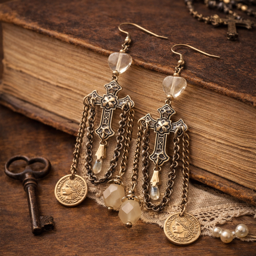 Boucle oreille pendante femme croix sainteté spiritualité amour jesus croyance perle forme coeur transparent chaine argentée