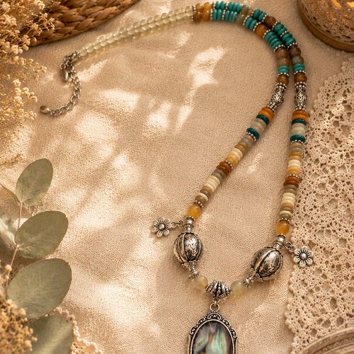 Collier mixte unisexe ajustable style ethnique perle heishi plate disque orange vinyle vulcanite africaine perle nacre orange bleue