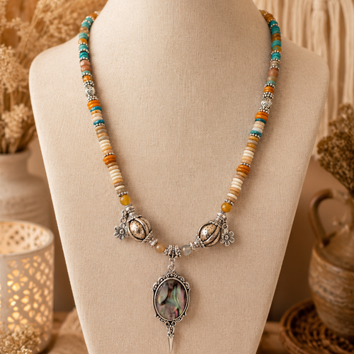 Collier femme féminin ajustable style intemporel perle heishi disque orange bleu marron perle orange breloque fleur cabochon nuance vert