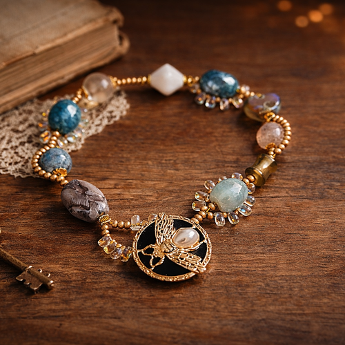 Bracelet femme boutonnière non ajustable différente perle bleue transparente blanche petit coeur gris bouton abeille petite perle