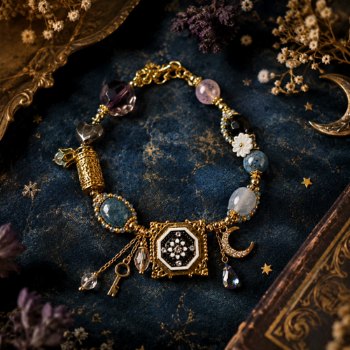 Bracelet femme ajustable différente perle bleue grise transparente petit coeur gris breloque lune clé pièce centrale carrée petit strass
