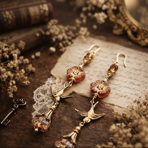 Boucle d'oreille femme pendante printanière romantique bohème style boho perle marron facette fleur oiseau doré gauche droite