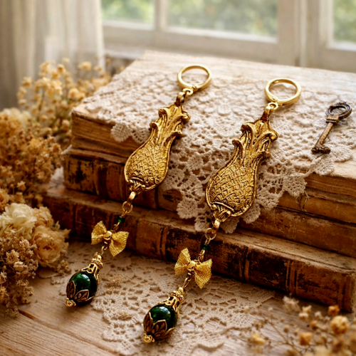 Boucle d'oreille femme pendante avec breloque estampe original ananas doré inoxydable noeud doré perle ronde verte foncée modèle unique