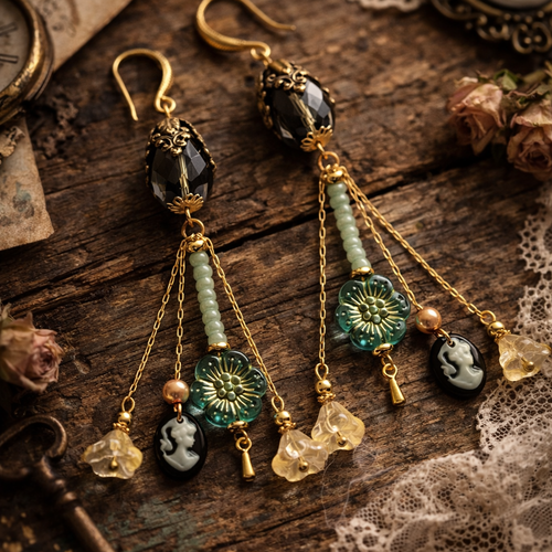 Boucle d'oreille femme pendante printanière perle fleurie bleue romantique bohème boho petit cabochon noir camé tête femme victorienne