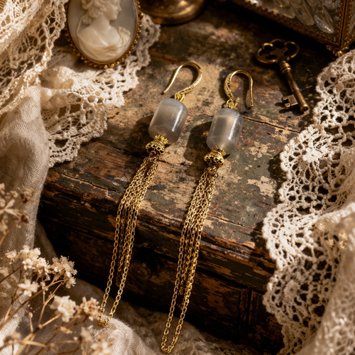 Boucle d'oreille pendante femme romantique bohème boho originale crochet chaine dorée acier inoxydable perle ronde allongée pierre