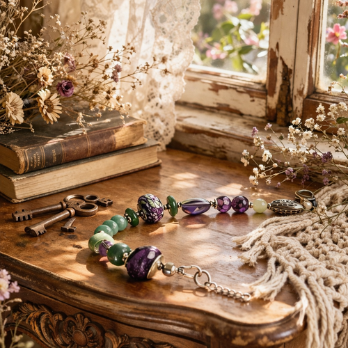 Bracelet ajustable femme argenté romantique bohème boho perle violette verte plate ronde pierre naturelle perle irisée nuancée coeur