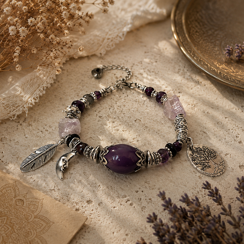 Bracelet ajustable femme argenté romantique bohème différente forme perle violette perle heishi breloque arbre lune plume couleur argent