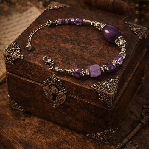 Bracelet ajustable femme argenté romantique bohème différente forme perle violette perle heishi petite breloque tube couleur argent