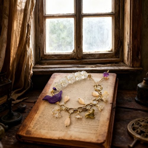 Bracelet femme ajustable printanier fleuri chaine dorée acier inoxydable romantique bohème oiseau violet petite fleur perle forme feuille