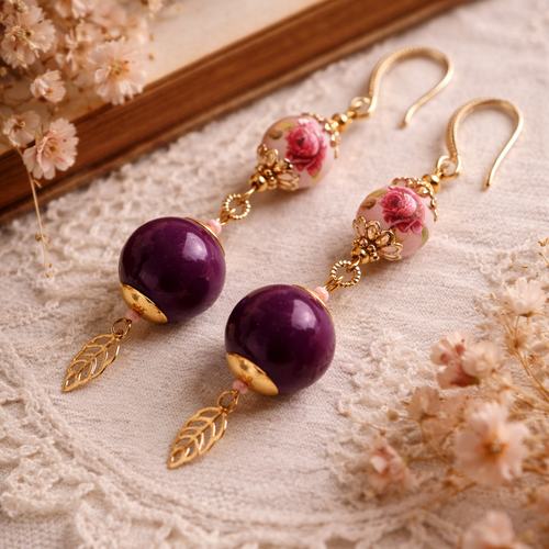 Boucle oreille pendante dorée femme romantique bohème printanière perle rose fleurie grosse perle violette breloque feuille inoxydable