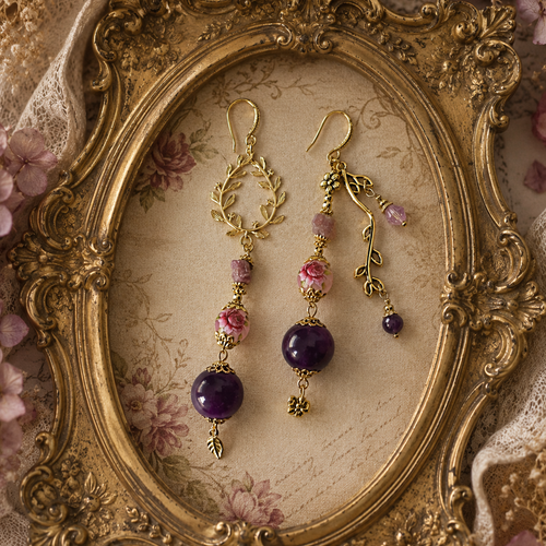 Boucle oreille pendante dorée femme romantique bohème printanière perle rose fleurie grosse perle violette breloque feuille inoxydable