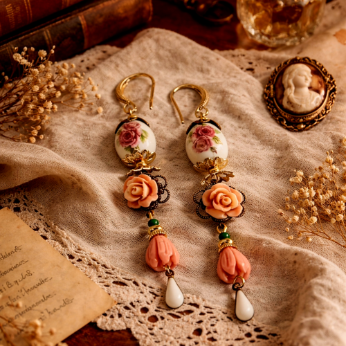 Boucle oreille pendante dorée femme romantique bohème boho printanière perle blanche fleurie perle rose forme fleur breloque goutte