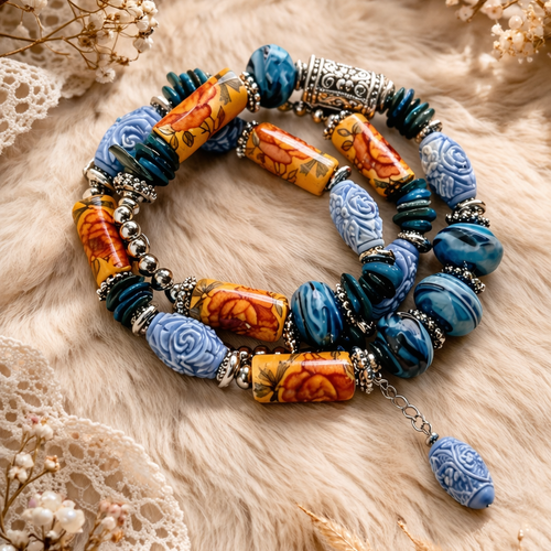 Bracelet ajustable femme printanier couleur argenté acier inoxydable trois rangées rangs perle fleurie fleur bleue rouge perle tube orange
