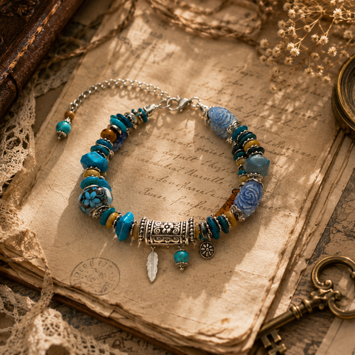 Bracelet ajustable femme printanier couleur argenté acier inoxydable deux rangées rangs perle fleurie fleur bleue rouge perle tube orange